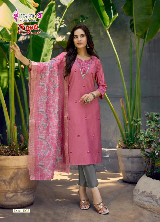 MYSTIC 9 TRUPTI VOL 1 WHOLESALE READYMADE VERTICAN AMAZING 3 PCS SUITS EXPORTER