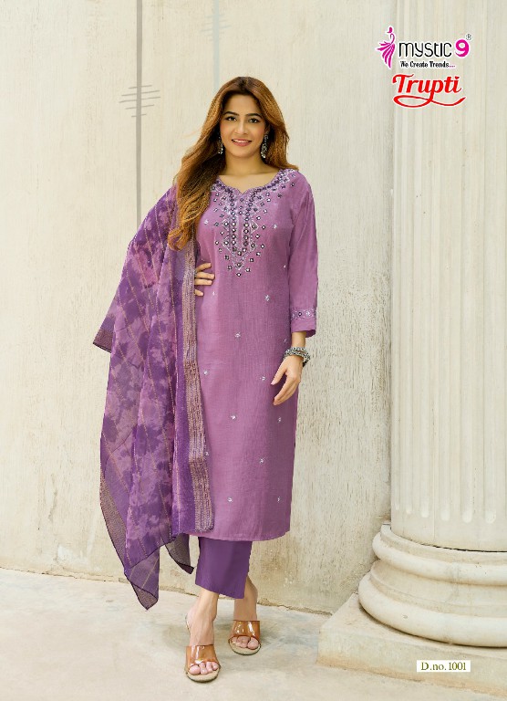 MYSTIC 9 TRUPTI VOL 1 WHOLESALE READYMADE VERTICAN AMAZING 3 PCS SUITS EXPORTER