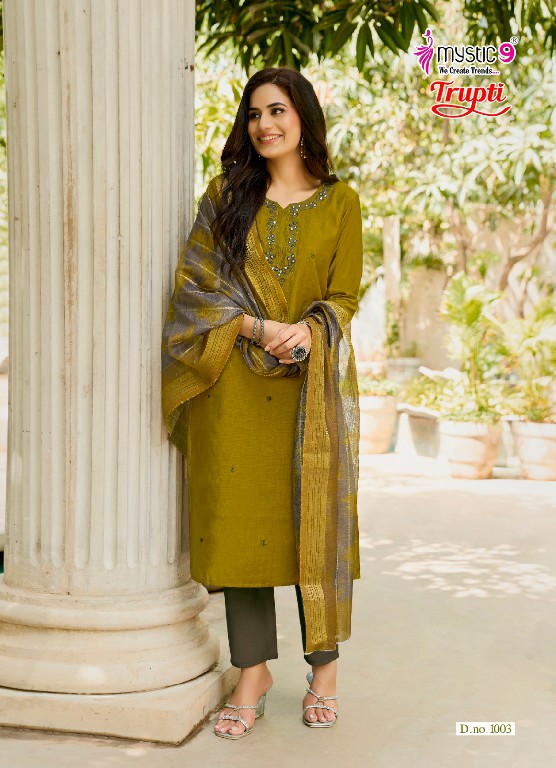MYSTIC 9 TRUPTI VOL 1 WHOLESALE READYMADE VERTICAN AMAZING 3 PCS SUITS EXPORTER