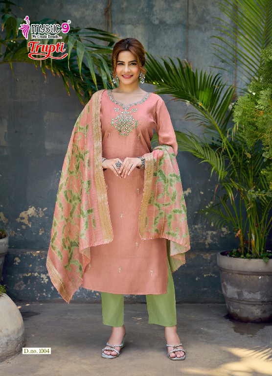 MYSTIC 9 TRUPTI VOL 1 WHOLESALE READYMADE VERTICAN AMAZING 3 PCS SUITS EXPORTER