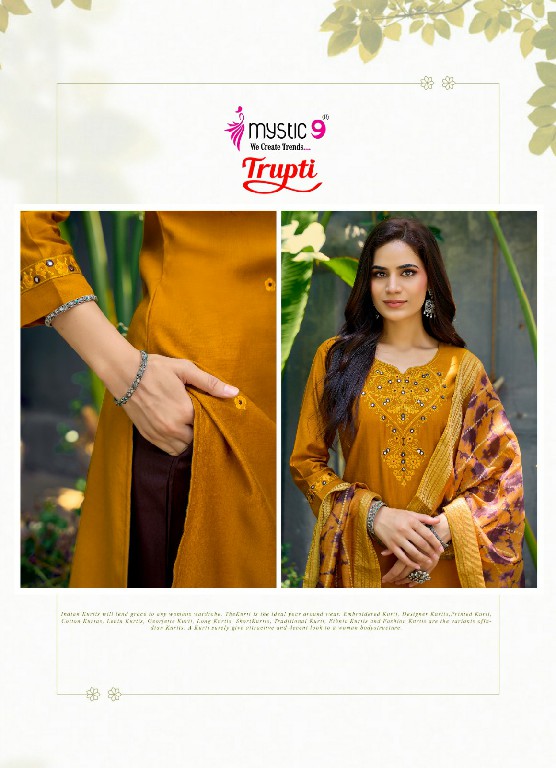 MYSTIC 9 TRUPTI VOL 1 WHOLESALE READYMADE VERTICAN AMAZING 3 PCS SUITS EXPORTER