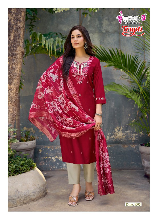 MYSTIC 9 TRUPTI VOL 1 WHOLESALE READYMADE VERTICAN AMAZING 3 PCS SUITS EXPORTER