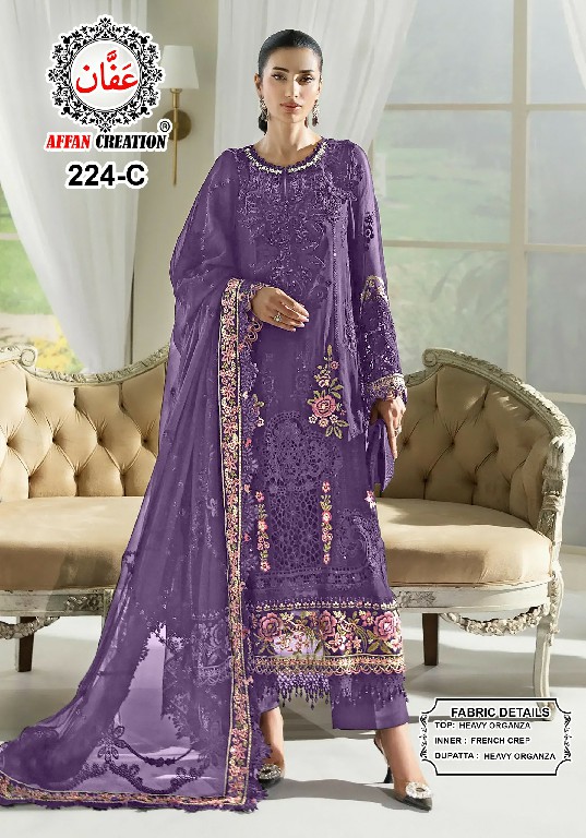 AFFAN CREATION D.NO 224 WHOLESALE ORGANZA WITH WORK PAKISTANI SEMI STITCHED SALWAR SUITS EXPORTER