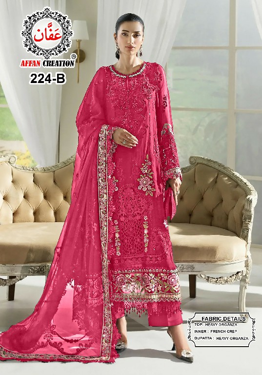 AFFAN CREATION D.NO 224 WHOLESALE ORGANZA WITH WORK PAKISTANI SEMI STITCHED SALWAR SUITS EXPORTER