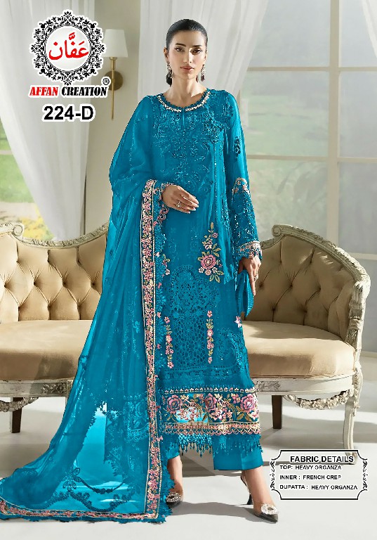 AFFAN CREATION D.NO 224 WHOLESALE ORGANZA WITH WORK PAKISTANI SEMI STITCHED SALWAR SUITS EXPORTER