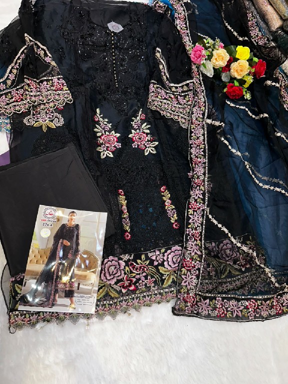AFFAN CREATION D.NO 224 WHOLESALE ORGANZA WITH WORK PAKISTANI SEMI STITCHED SALWAR SUITS EXPORTER