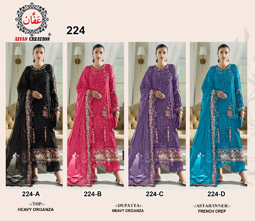 AFFAN CREATION D.NO 224 WHOLESALE ORGANZA WITH WORK PAKISTANI SEMI STITCHED SALWAR SUITS EXPORTER
