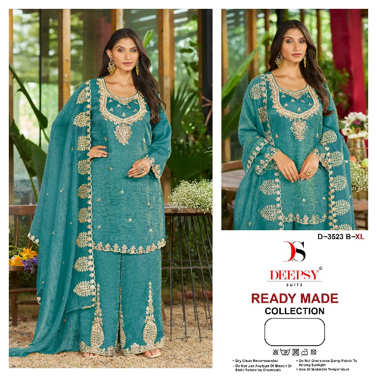 DEEPSY D.NO 3523 WHOLESALE READYMADE SALSA SILK WITH BEATS WORK PLAZZO STYLE 3 PCS SUITS SUPPLIER