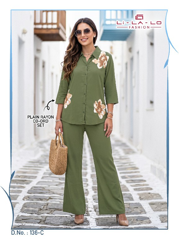 LILALO FASHION D.NO 136 WHOLESALE READYMADE RAYON PLAIN BEAUTIFUL COMBO CORD SET FOR EXPORT