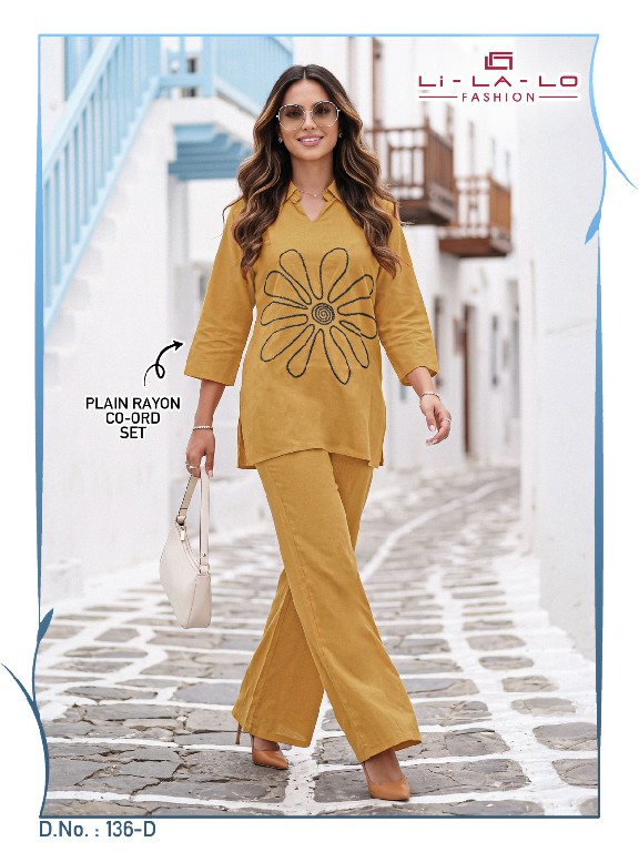 LILALO FASHION D.NO 136 WHOLESALE READYMADE RAYON PLAIN BEAUTIFUL COMBO CORD SET FOR EXPORT