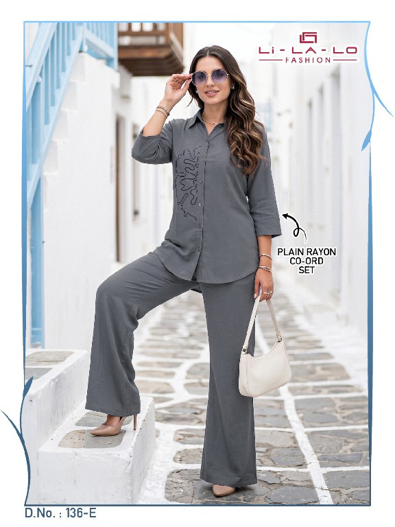 LILALO FASHION D.NO 136 WHOLESALE READYMADE RAYON PLAIN BEAUTIFUL COMBO CORD SET FOR EXPORT