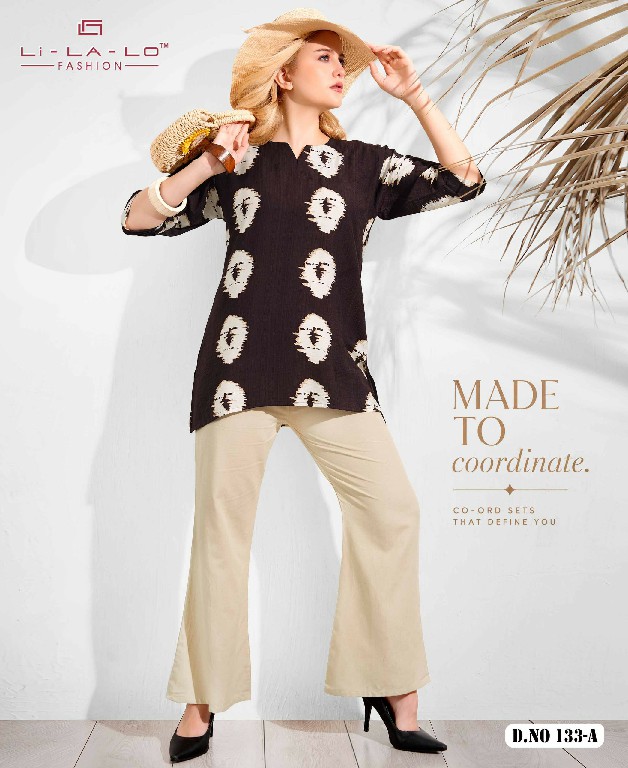 LILALO FASHION D.NO 133 WHOLESALE READYMADE FANCY FABRIC TRENDY COMBO CORD SET EXPORTER