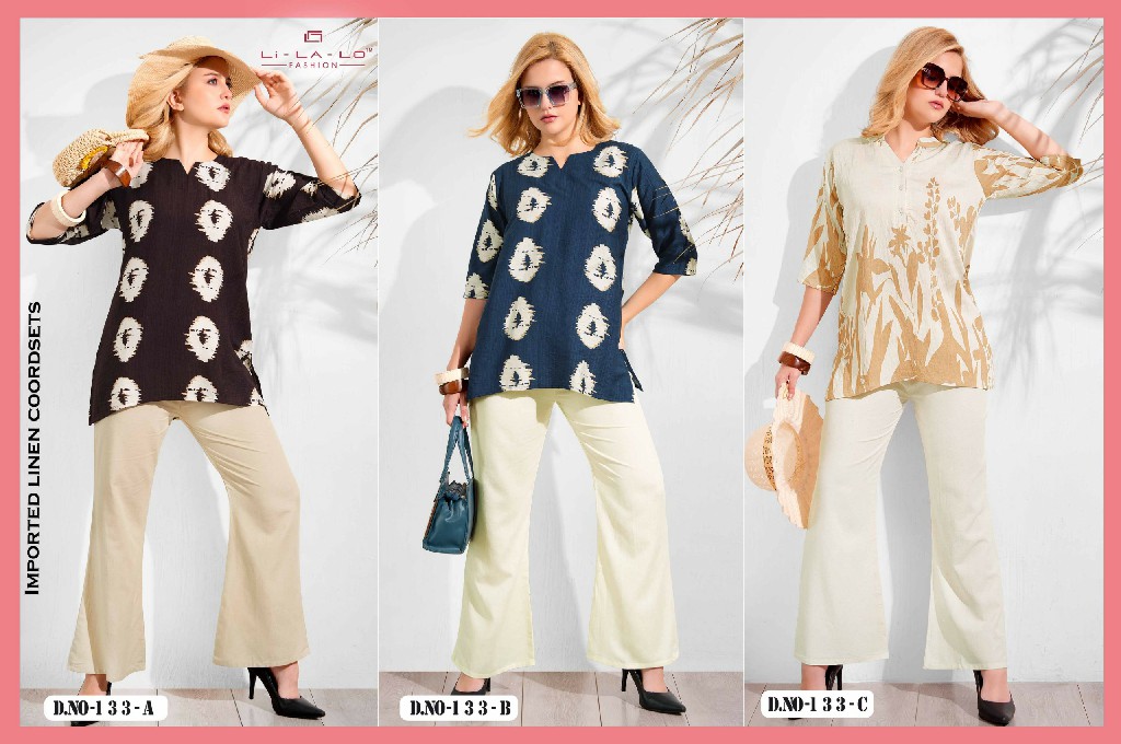 LILALO FASHION D.NO 133 WHOLESALE READYMADE FANCY FABRIC TRENDY COMBO CORD SET EXPORTER