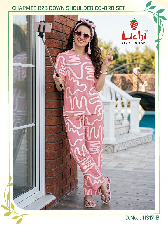 LICHI D.NO 11317 WHOLESALE READYMADE DOWN SHOULDER ELEGANT COMBO CORD SET FOR EXPORT