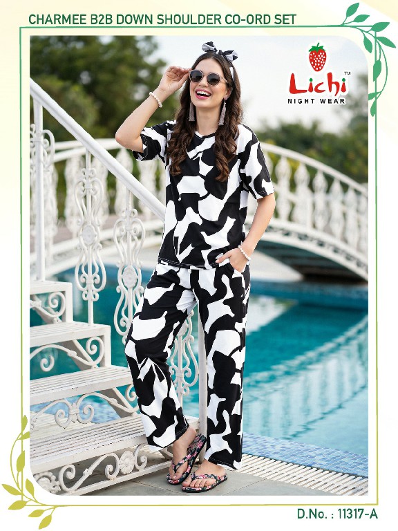 LICHI D.NO 11317 WHOLESALE READYMADE DOWN SHOULDER ELEGANT COMBO CORD SET FOR EXPORT