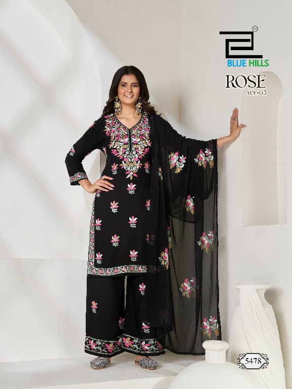 BLUE HILLS ROSE VOL 5 WHOLESALE READYMADE RAYON WITH WORK BIG SIZE TRENDING 3 PCS COMBO SET SUITS SUPPLIER