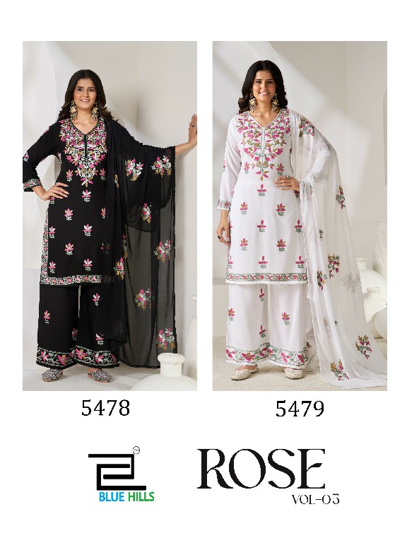 BLUE HILLS ROSE VOL 5 WHOLESALE READYMADE RAYON WITH WORK BIG SIZE TRENDING 3 PCS COMBO SET SUITS SUPPLIER