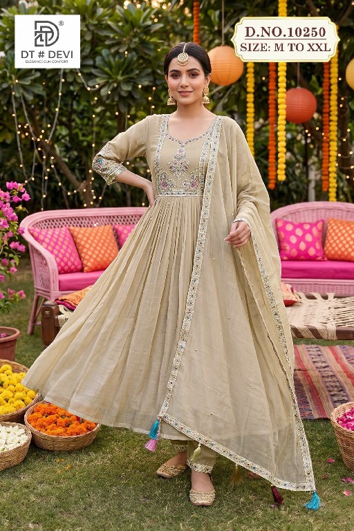 DT DEVI KARSHIYA VOL 1 WHOLESALE READYMADE MUL CHANDERI ANARKALI STYLE AMAZING 3 PCS COMBO SET SUITS SUPPLIER