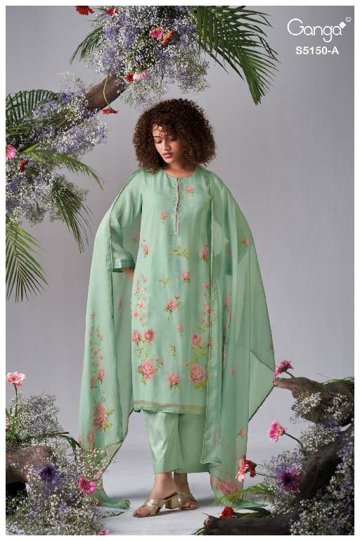 GANGA HELOISE S5150 WHOLESALE PURE ORGANZA SILK TRENDY UNSTITCH SALWAR SUITS EXPORTER