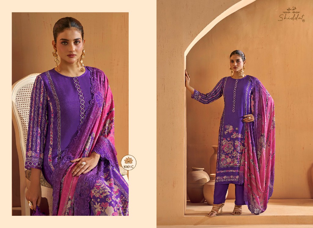 SHIDDAT IKARA 1001 WHOLESALE PURE MUSLIN BEAUTIFUL UNSTITCH SALWAR SUITS FOR EXPORT