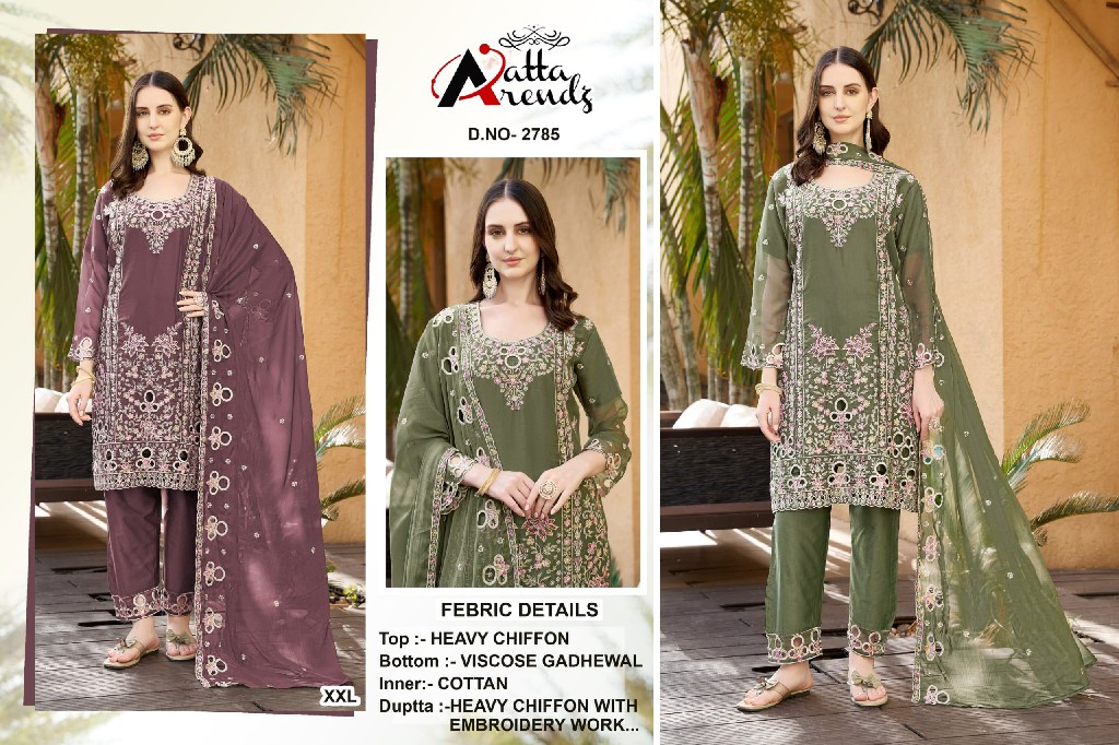 ATTA TRENDZ D.NO 2785 WHOLESALE READYMADE HEAVY CHIFFON DESIGNER PAKISTANI 3 PCS SUITS FOR EXPORT