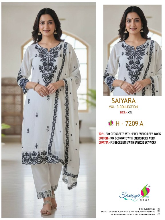 SANIYA TRENDZ SAIYARA VOL 3 D.NO 7209 WHOLESALE READYMADE FOX GEORGETTE WITH WORK TRENDY 3 PCS SUITS SUPPLIER