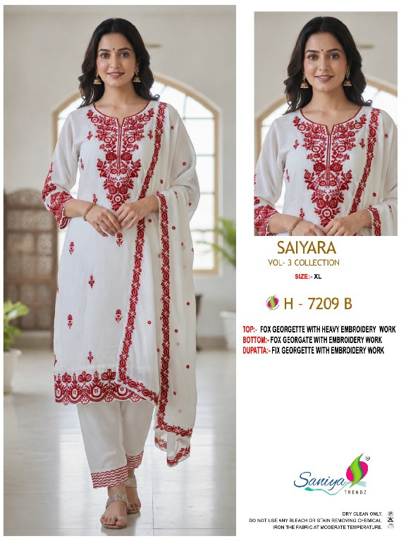 SANIYA TRENDZ SAIYARA VOL 3 D.NO 7209 WHOLESALE READYMADE FOX GEORGETTE WITH WORK TRENDY 3 PCS SUITS SUPPLIER