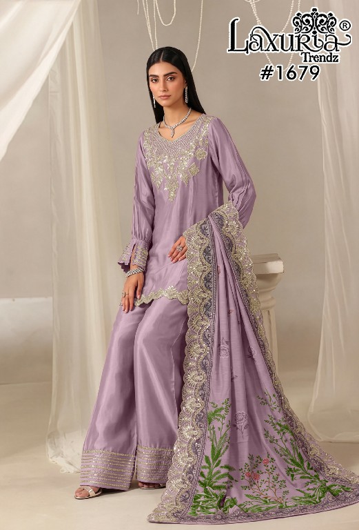 LAXURIA TRENDZ D.NO 1679 WHOLESALE READYMADE IMPORTED SATIN DESIGNER 3 PCS SUITS EXPORTER