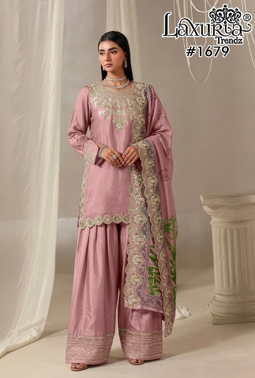 LAXURIA TRENDZ D.NO 1679 WHOLESALE READYMADE IMPORTED SATIN DESIGNER 3 PCS SUITS EXPORTER