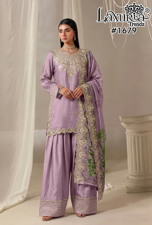 LAXURIA TRENDZ D.NO 1679 WHOLESALE READYMADE IMPORTED SATIN DESIGNER 3 PCS SUITS EXPORTER
