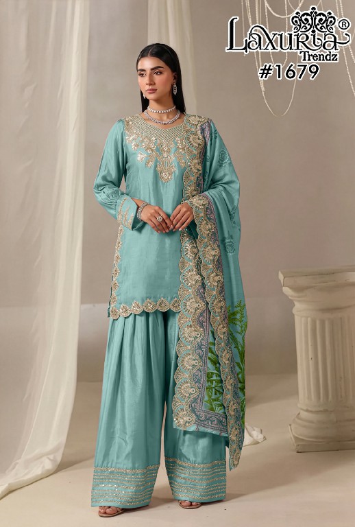 LAXURIA TRENDZ D.NO 1679 WHOLESALE READYMADE IMPORTED SATIN DESIGNER 3 PCS SUITS EXPORTER