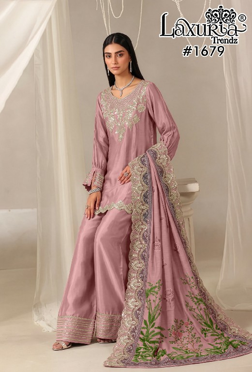 LAXURIA TRENDZ D.NO 1679 WHOLESALE READYMADE IMPORTED SATIN DESIGNER 3 PCS SUITS EXPORTER