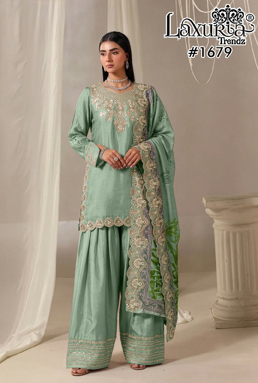 LAXURIA TRENDZ D.NO 1679 WHOLESALE READYMADE IMPORTED SATIN DESIGNER 3 PCS SUITS EXPORTER