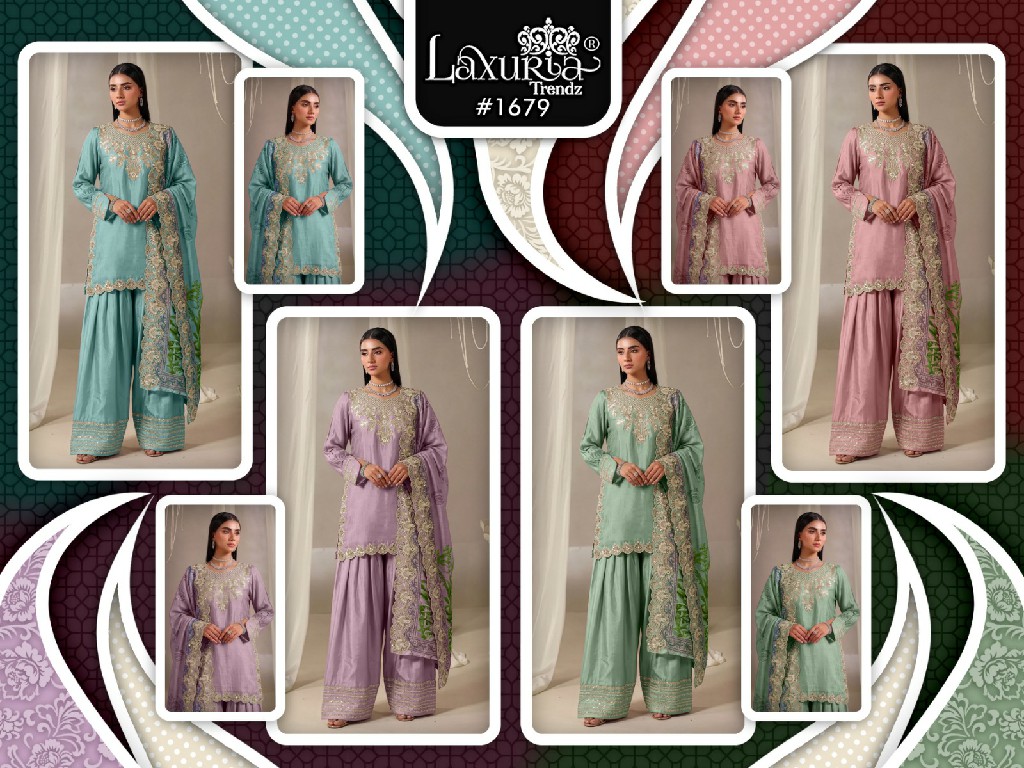 LAXURIA TRENDZ D.NO 1679 WHOLESALE READYMADE IMPORTED SATIN DESIGNER 3 PCS SUITS EXPORTER