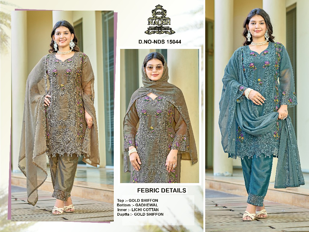 NAQSH D.NO NDS-15044 WHOLESALE READYMADE GOLDEN CHIFFON WITH HAND WORK 3 PCS COMBO SET SUITS SUPPLIER