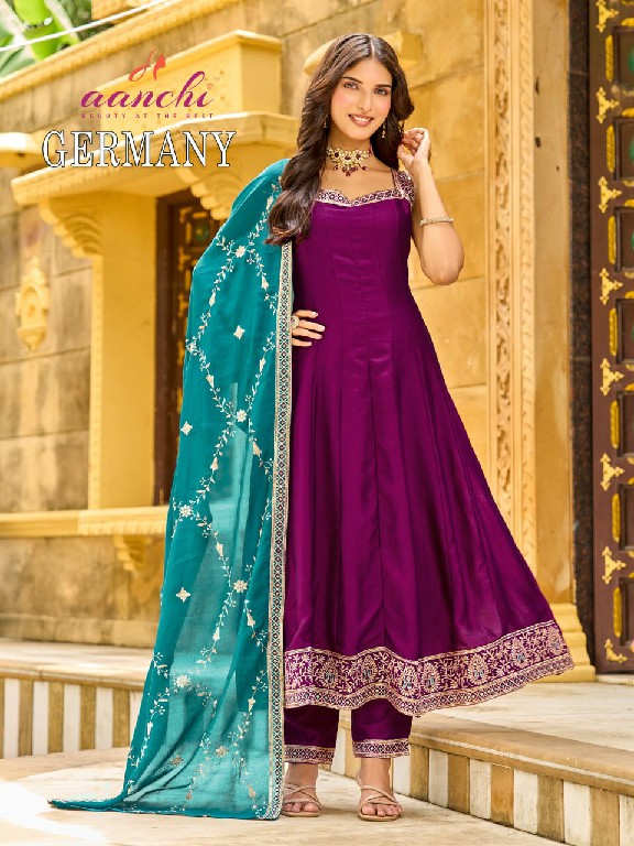 AANCHI GERMANY WHOLESALE READYMADE VICHITRA SILK SPEGHETTI STYLE 3 PCS SUITS EXPORTER