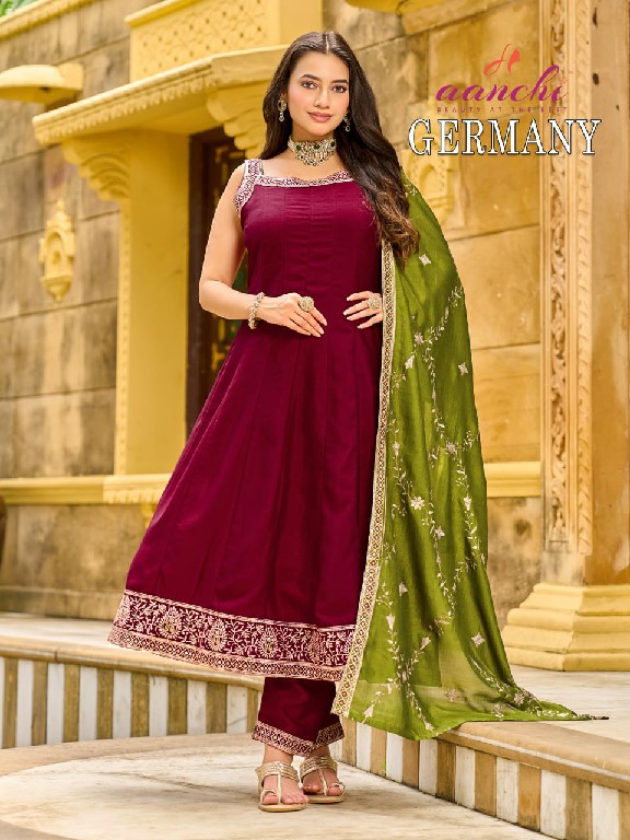AANCHI GERMANY WHOLESALE READYMADE VICHITRA SILK SPEGHETTI STYLE 3 PCS SUITS EXPORTER