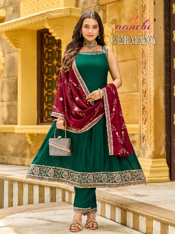 AANCHI GERMANY WHOLESALE READYMADE VICHITRA SILK SPEGHETTI STYLE 3 PCS SUITS EXPORTER