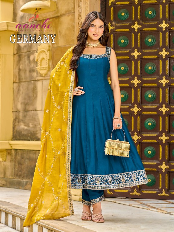 AANCHI GERMANY WHOLESALE READYMADE VICHITRA SILK SPEGHETTI STYLE 3 PCS SUITS EXPORTER