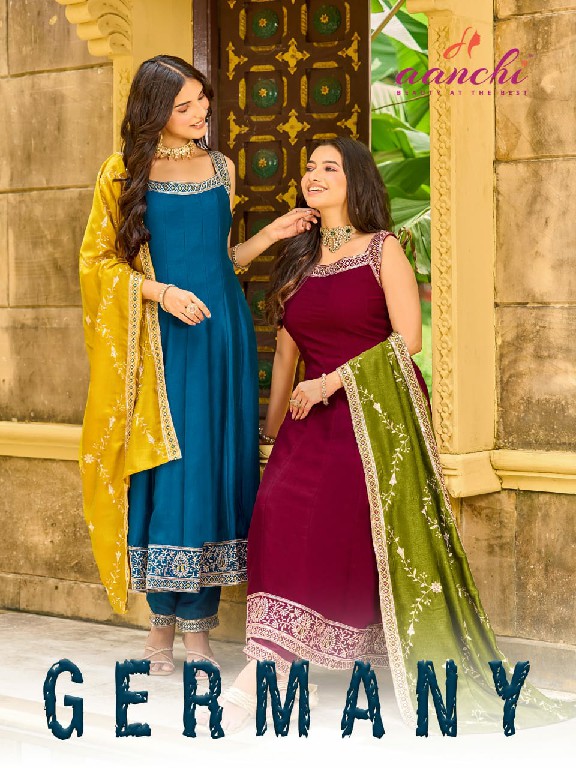 AANCHI GERMANY WHOLESALE READYMADE VICHITRA SILK SPEGHETTI STYLE 3 PCS SUITS EXPORTER