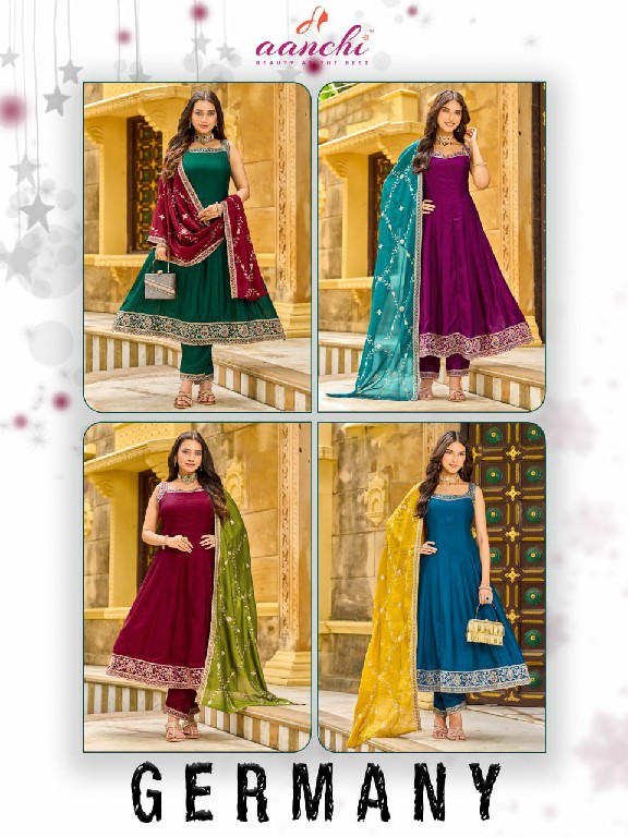 AANCHI GERMANY WHOLESALE READYMADE VICHITRA SILK SPEGHETTI STYLE 3 PCS SUITS EXPORTER