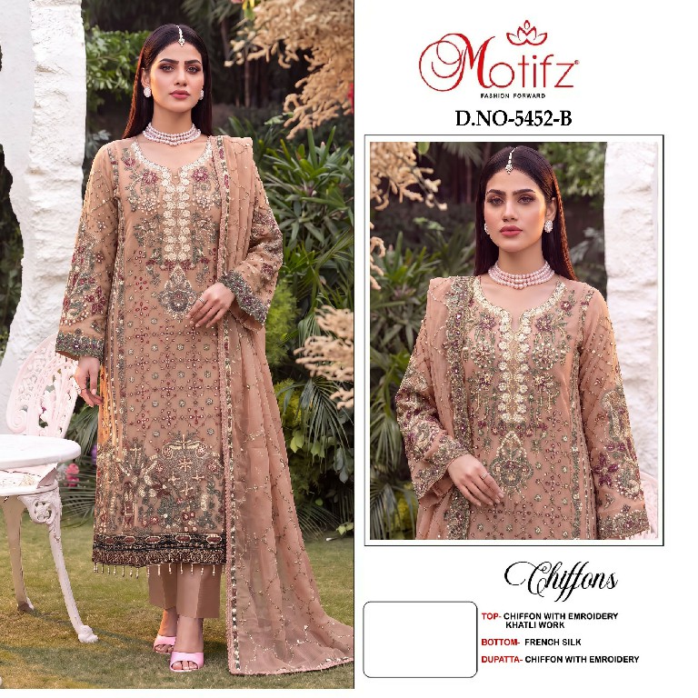 MOTIFZ D.NO 5452 WHOLESALE CHIFFON WITH WORK PAKISTANI UNSTITCH SALWAR SUITS EXPORTER
