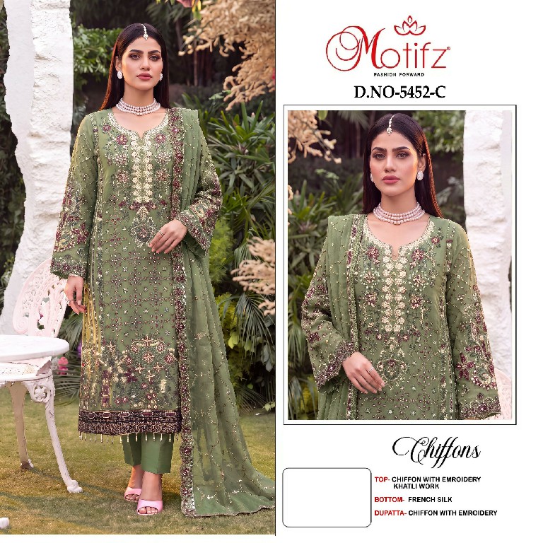 MOTIFZ D.NO 5452 WHOLESALE CHIFFON WITH WORK PAKISTANI UNSTITCH SALWAR SUITS EXPORTER