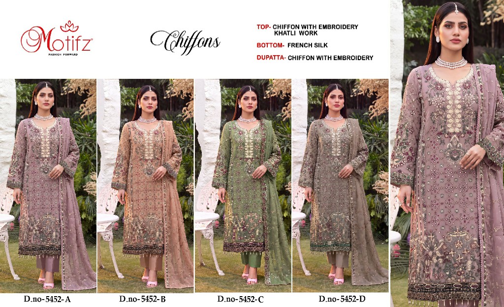 MOTIFZ D.NO 5452 WHOLESALE CHIFFON WITH WORK PAKISTANI UNSTITCH SALWAR SUITS EXPORTER