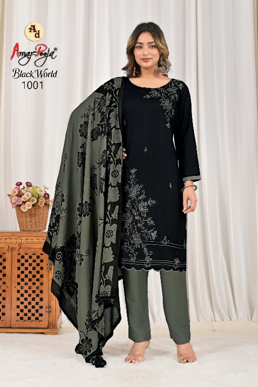AMAR POOJA BLACK WORLD VOL 1 WHOLESALE RAYON WITH WORK FANCY DRESS MATERIAL ONLINE