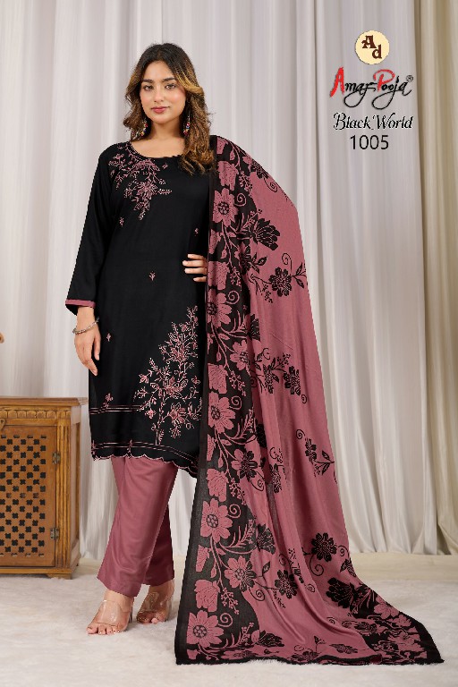 AMAR POOJA BLACK WORLD VOL 1 WHOLESALE RAYON WITH WORK FANCY DRESS MATERIAL ONLINE