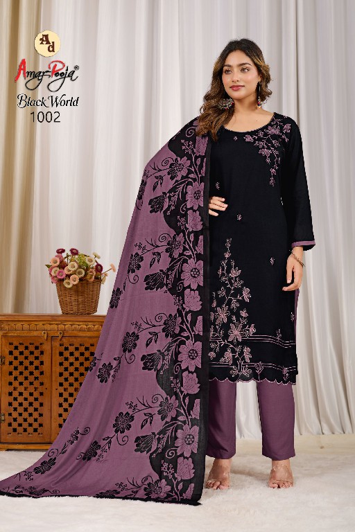 AMAR POOJA BLACK WORLD VOL 1 WHOLESALE RAYON WITH WORK FANCY DRESS MATERIAL ONLINE