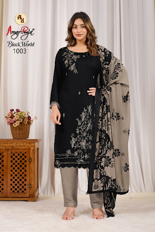 AMAR POOJA BLACK WORLD VOL 1 WHOLESALE RAYON WITH WORK FANCY DRESS MATERIAL ONLINE