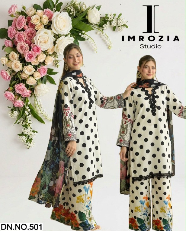 IMROZIA D.NO 501-502 WHOLESALE READYMADE IMPORTED SATIN POLKA DOTS DESIGN 3 PCS SUITS EXPORTER