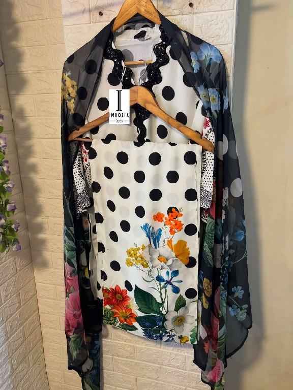 IMROZIA D.NO 501-502 WHOLESALE READYMADE IMPORTED SATIN POLKA DOTS DESIGN 3 PCS SUITS EXPORTER